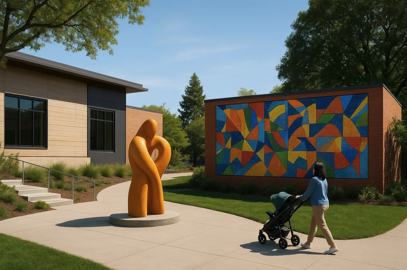 A welcoming community campus with broad paths, trees, public art, and an accessible entrance.